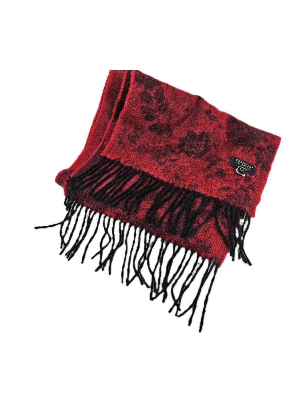 Vintage Y2K 100% Cashmere Scarf Red Floral Roses Black Fringe Victorian Romantic
